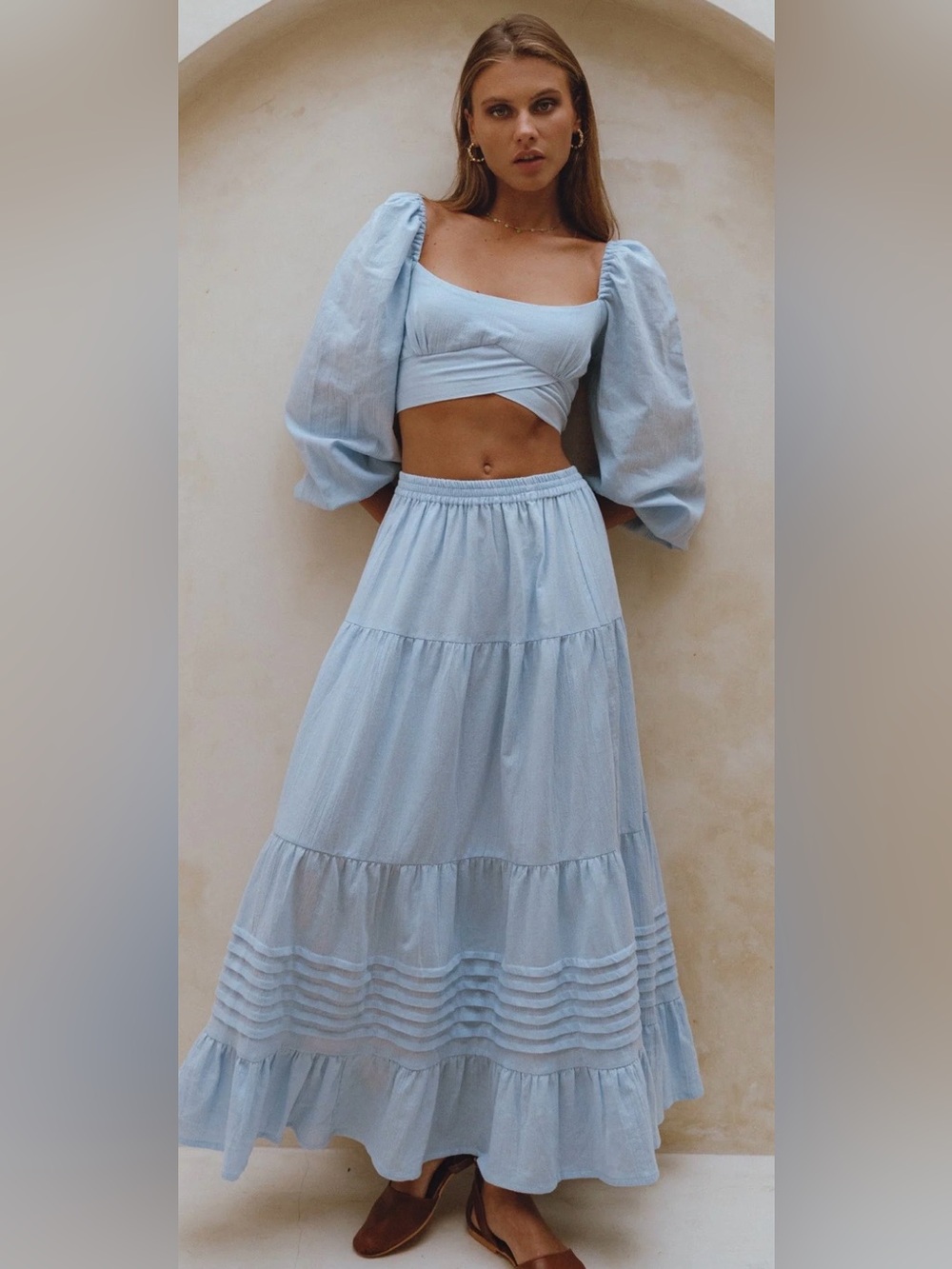 STUNNING MUMBAI BALLIN LINEN CIEL BLUE TOP AND SKIRT SET